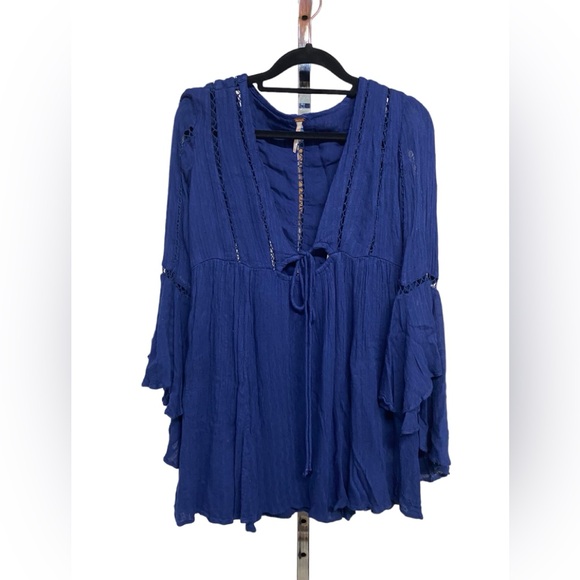 Free people solid blue flowy boho tunic blouse with cutouts oversized X-small - Picture 1 of 2